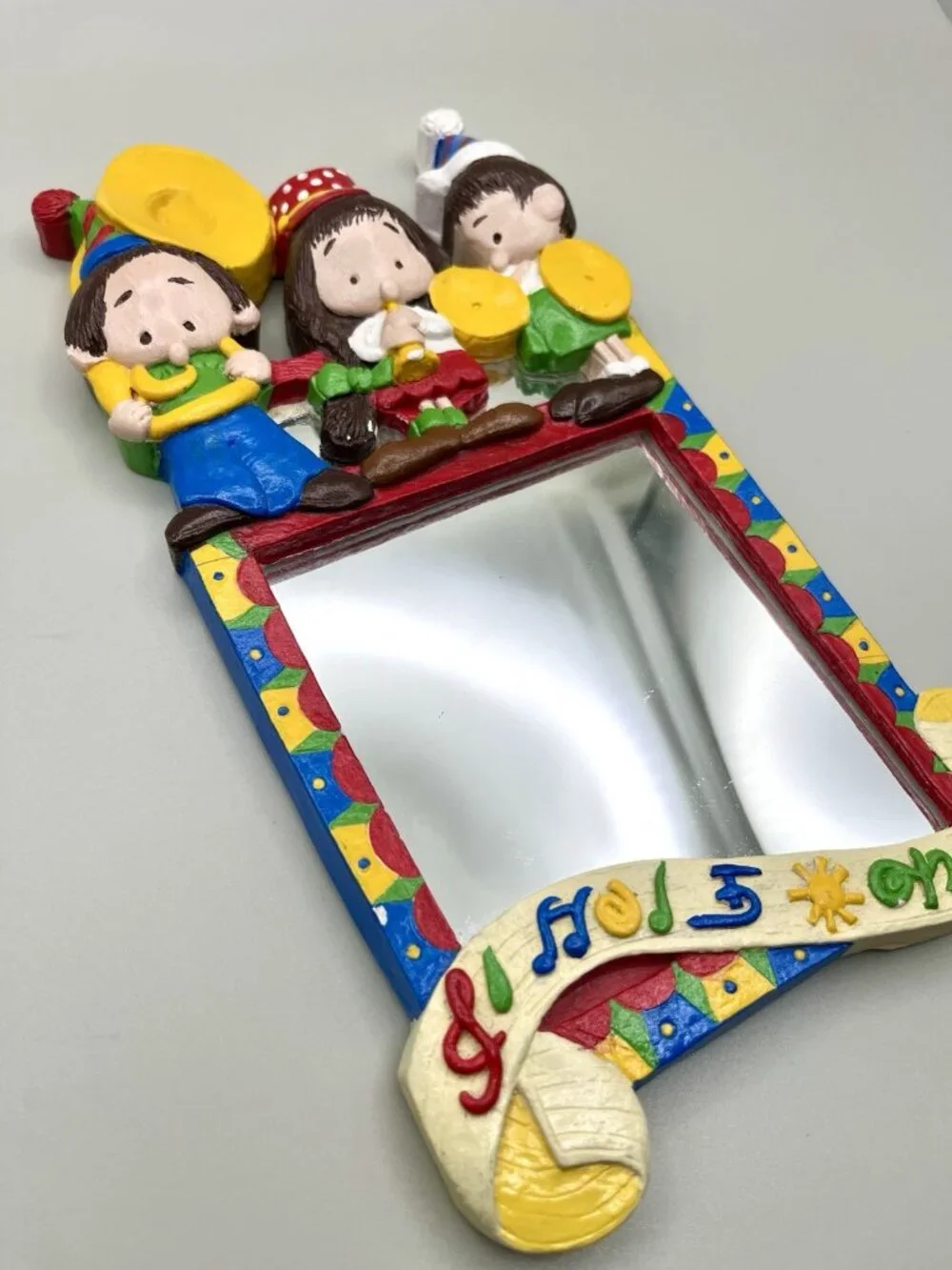 Vintage Chalkware Children’s Band Wall Mirror Folk Art Music Whimsical Kitsch